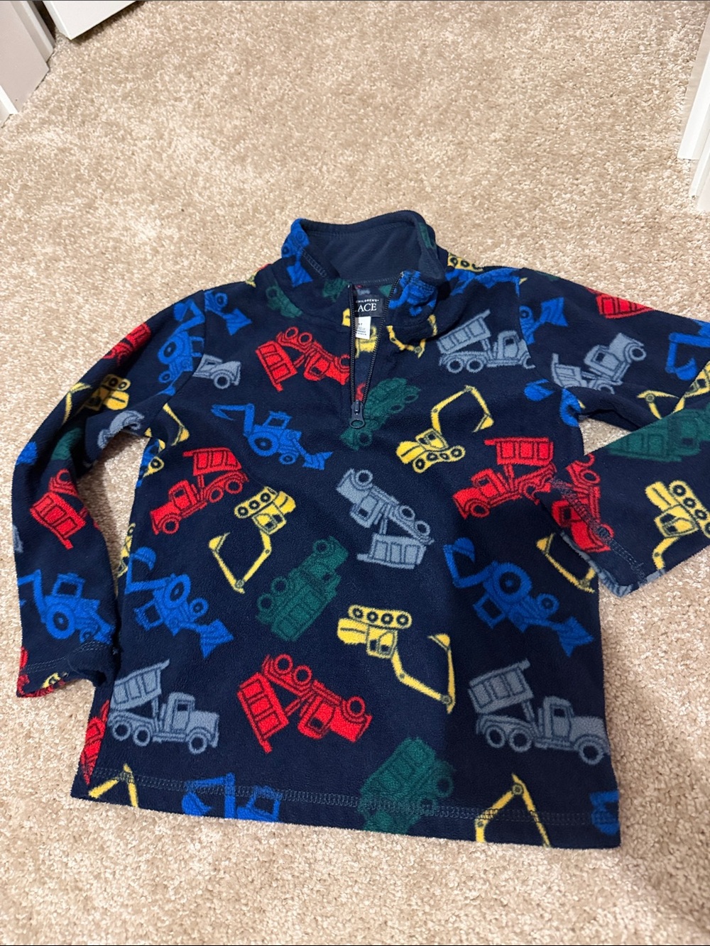 Children Place Navy Fleece Pullover with Construction Trucks